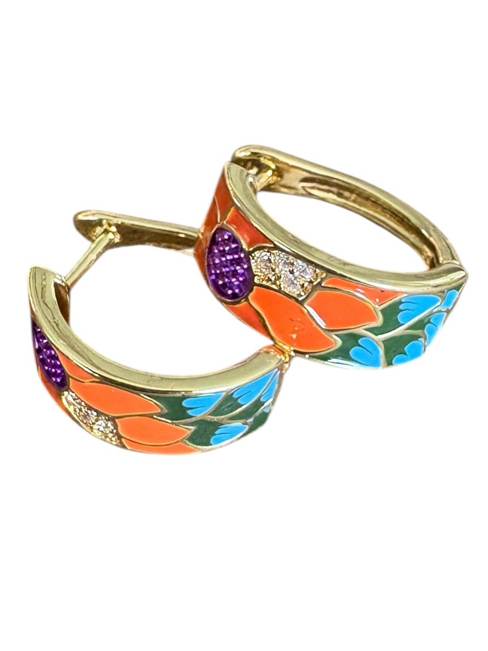 Gold Floral Enamel Earrings with Orange, Purple & Green Accents